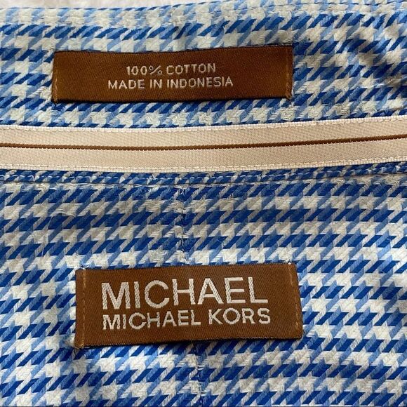 Michael Kors Men’s White/Blue Houndstooth Button Down Long Sleeve Shirt Size 16 - Picture 3 of 12